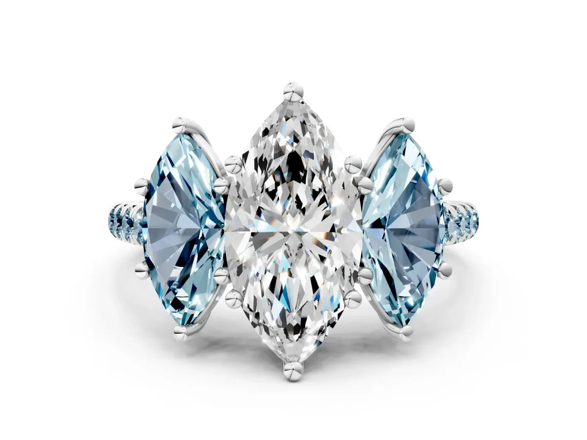 Three-Stone Marquise Cut Diamond Ring with Round Aquamarine Pavé Band and Prong Setting Platinum