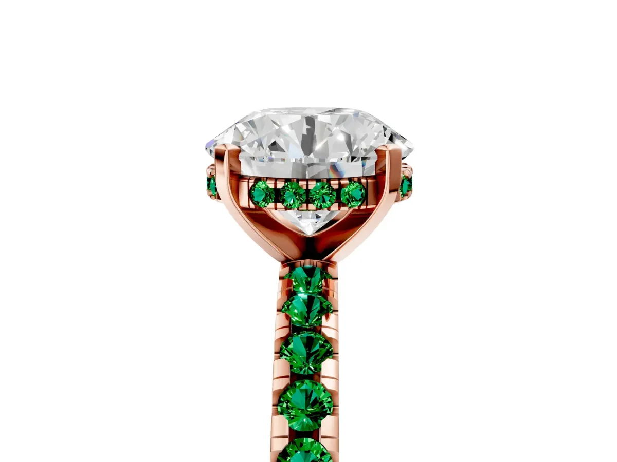 Round Cut Diamond Solitaire Ring with Round Emerald Pavé Band and Four-Prong Setting Rose gold
