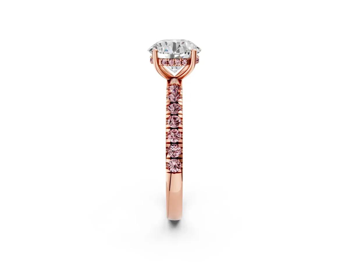 Round Cut Diamond Pave Band Solitaire Ring with Round Morganite and Prong Setting Rose gold