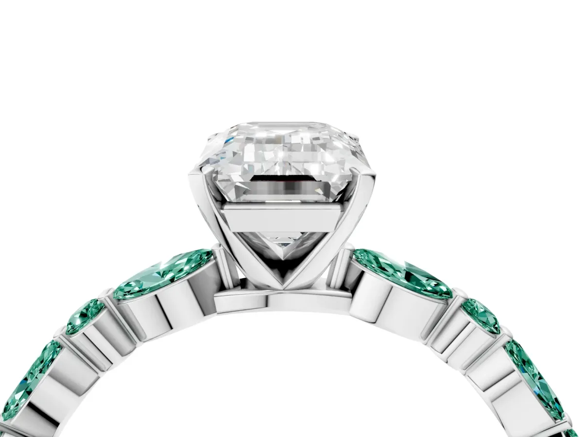 Emerald Cut Diamond Ring with Marquise and Round Green Sapphire Side Stones and Four-Prong Setting Silver