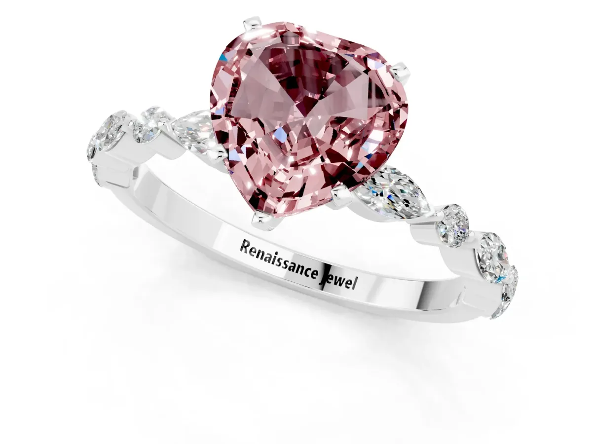 Heart Cut Morganite Ring with Marquise and Round Side Stones and Four-Prong Setting Silver