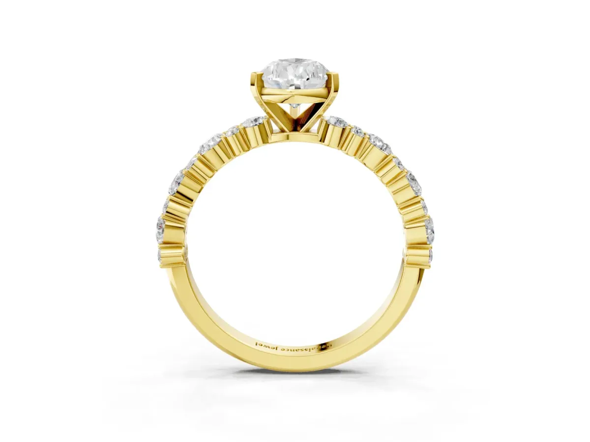 Pear Cut Diamond Side Stone Solitaire Ring with Round Moissanite and Four-Prong Setting Yellow gold