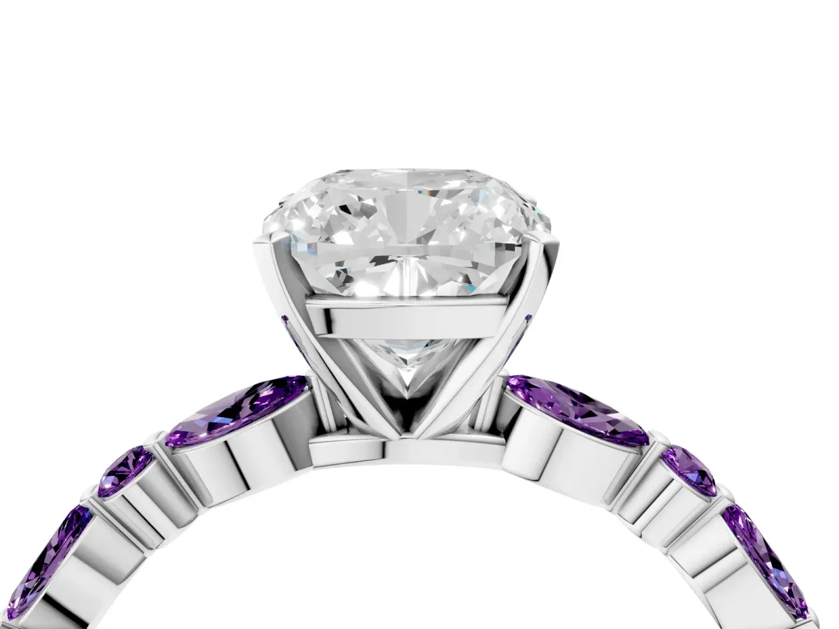 Cushion Cut Diamond Ring with Marquise and Round Amethyst Side Stones and Four-Prong Setting Platinum