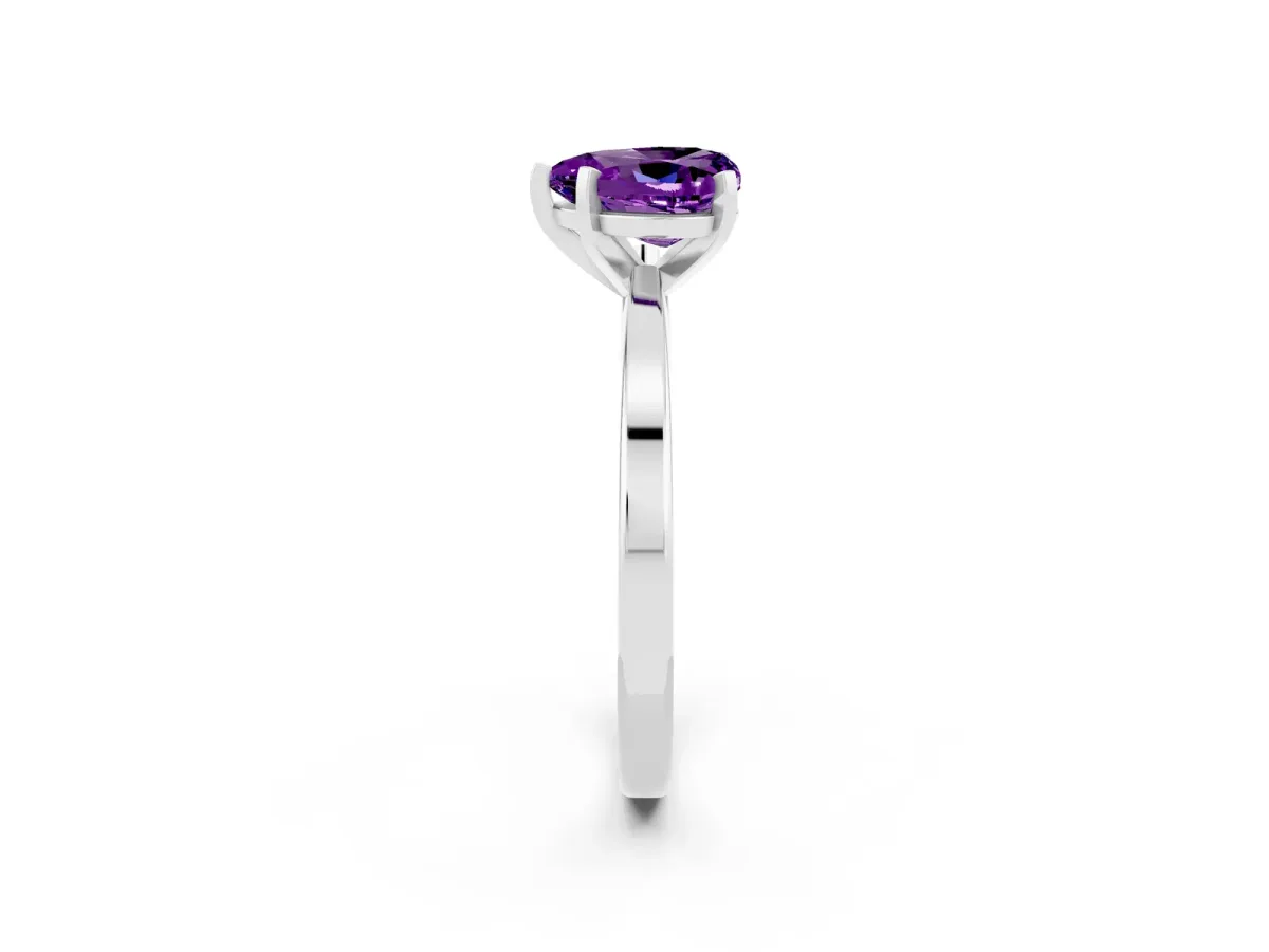 Heart Cut Amethyst Solitaire Engagement Ring with Classic Band and Four-Prong Setting Silver