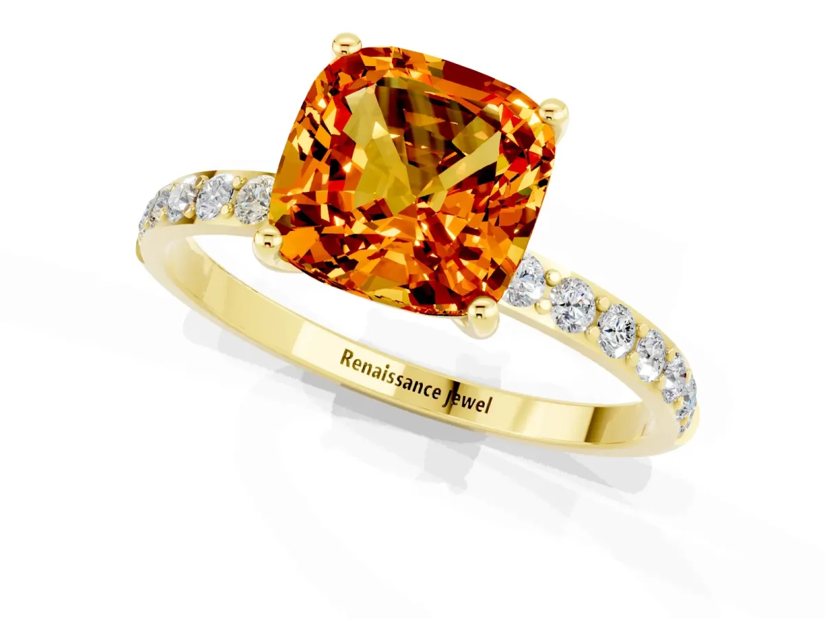 Cushion Cut Citrine Solitaire Ring with Round Pavé Band and Prong Setting Yellow gold