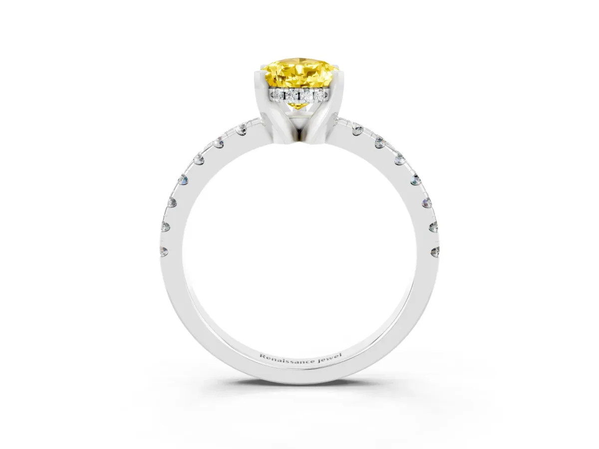 Pear Cut Yellow Sapphire Solitaire Ring with Round Pavé Band and Four-Prong Setting Platinum