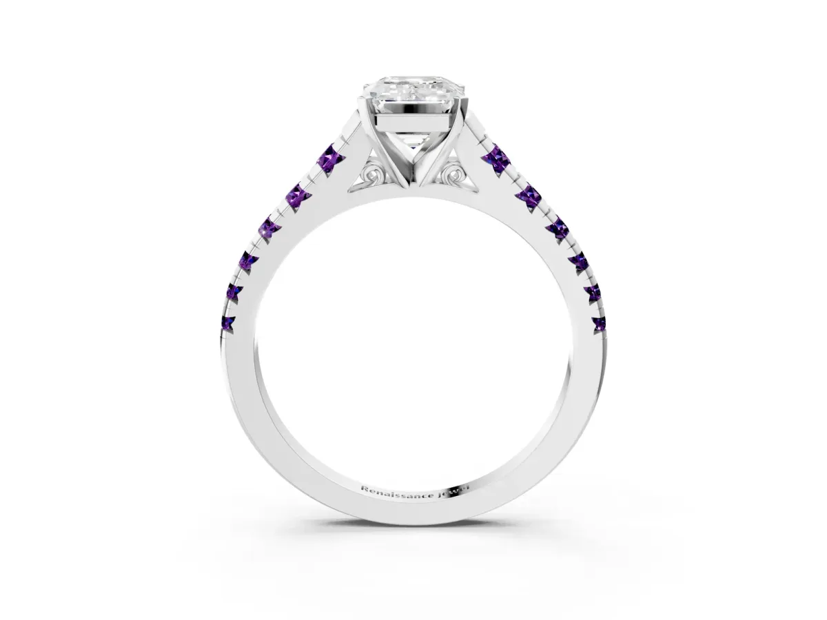 Emerald Cut Diamond Cathedral Solitaire Ring with Round Amethyst Pavé Band Silver