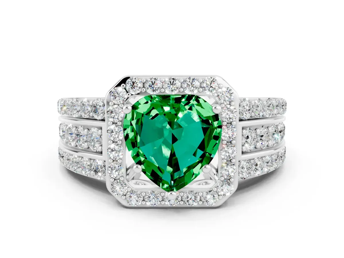 Heart Cut Halo Emerald Ring with Round Split Shank and Prong Setting Silver