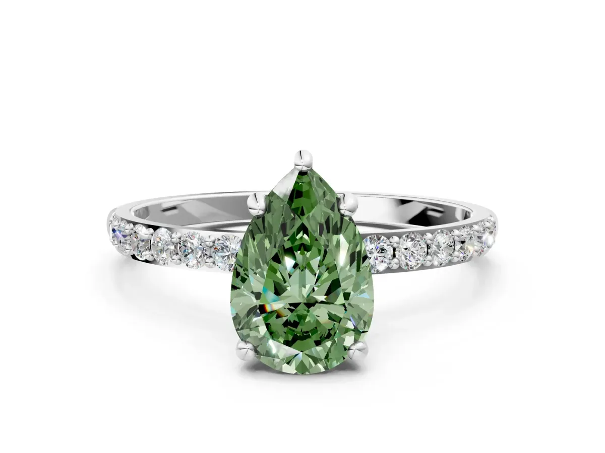 Fancy Green Pear Cut Diamond Solitaire Ring with Round Pavé Band and Prong Setting Platinum