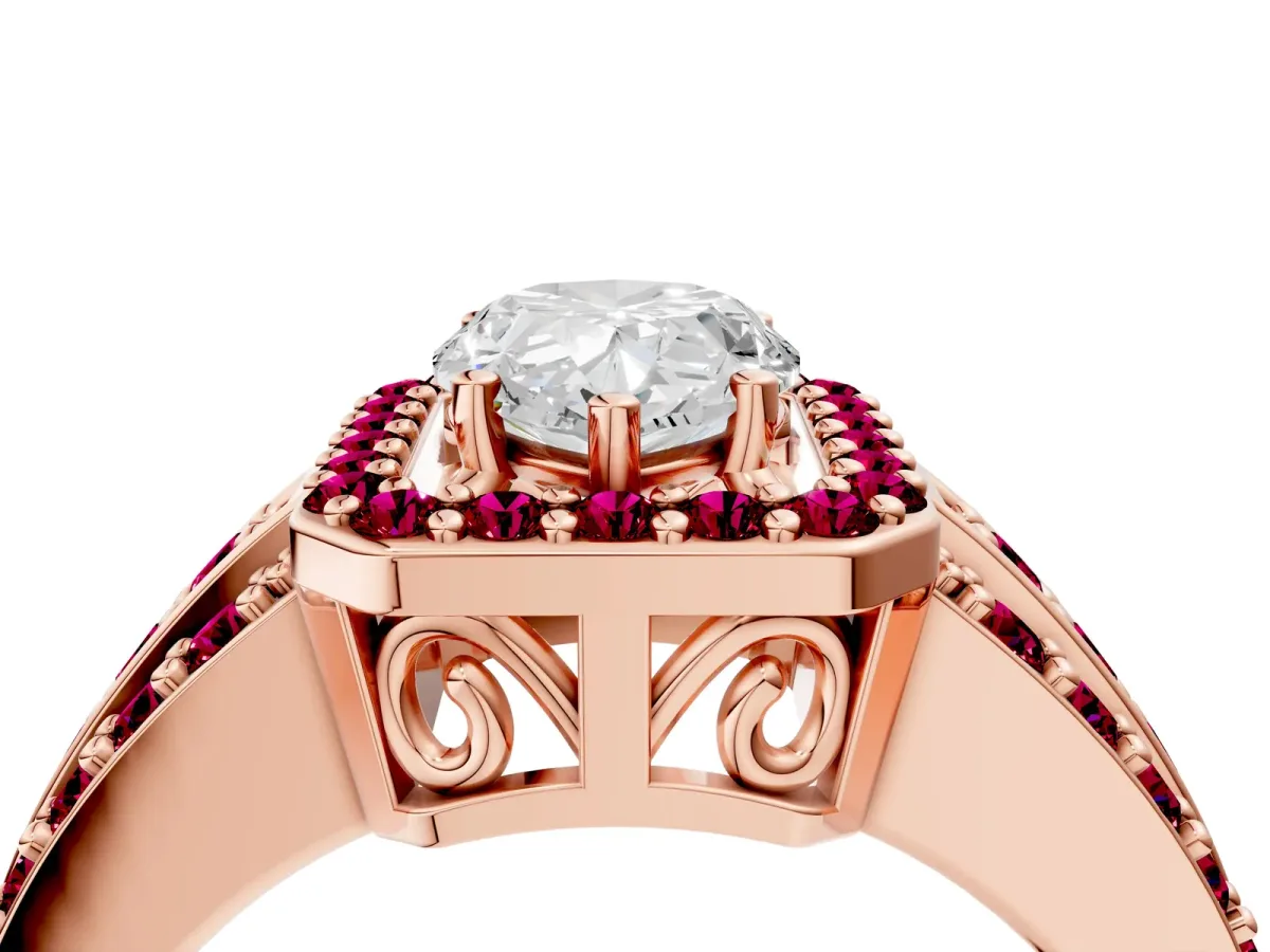 Pear Cut Halo Diamond Ring with Round Garnet Split Shank and Prong Setting Rose gold