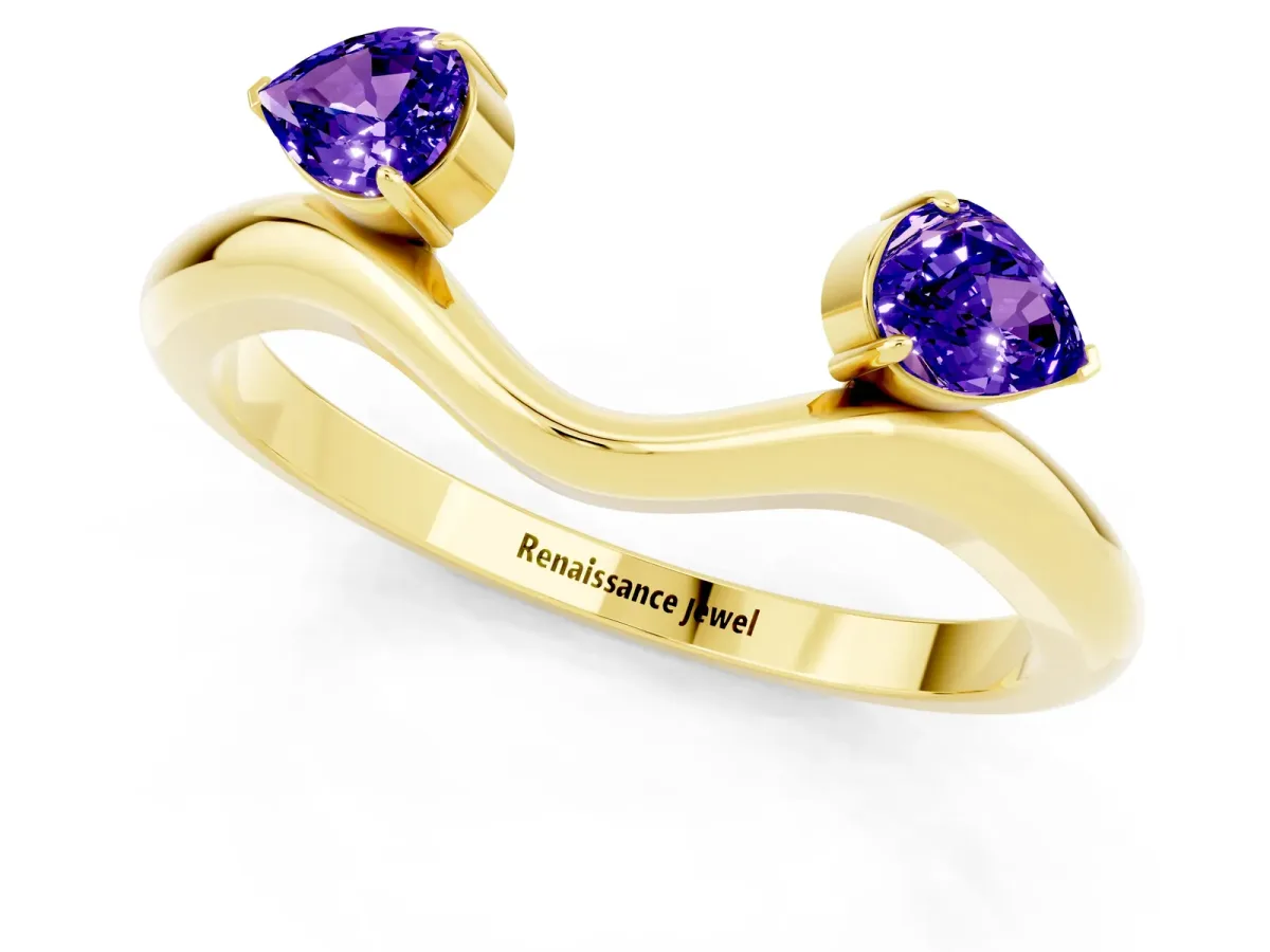 Pear Cut Tanzanite Two-Stone Open Band Ring with Prong Setting Yellow gold