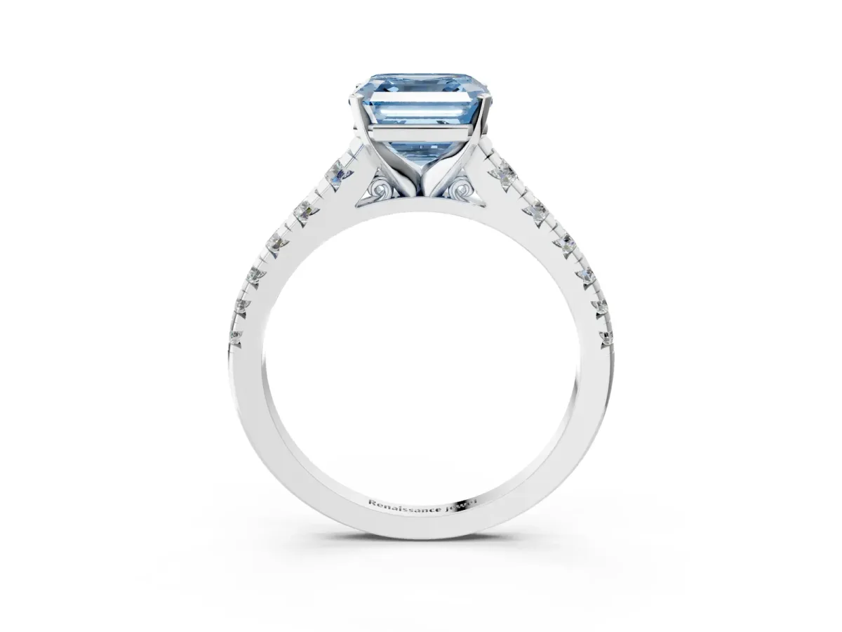 Fancy Blue Asscher Cut Diamond Cathedral Solitaire Ring with Round Pavé Band Platinum