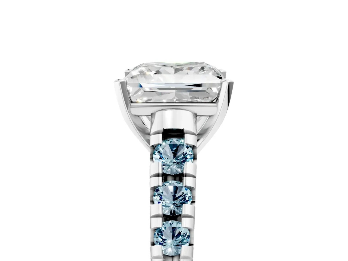 Princess Cut Diamond Cathedral Solitaire Ring with Round Aquamarine Pavé Band Silver