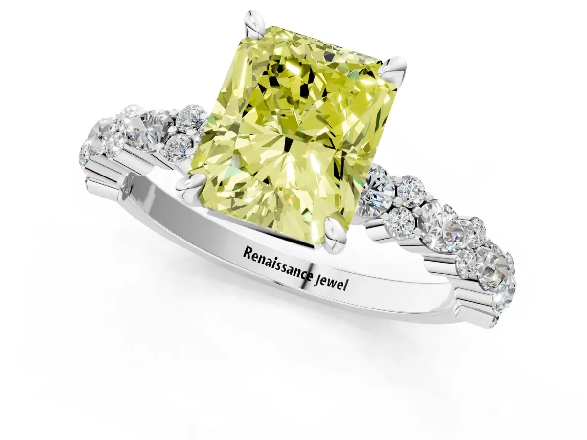 Fancy Yellow Radiant Cut Diamond Side Stone Solitaire Ring with Round and Four-Prong Setting Platinum