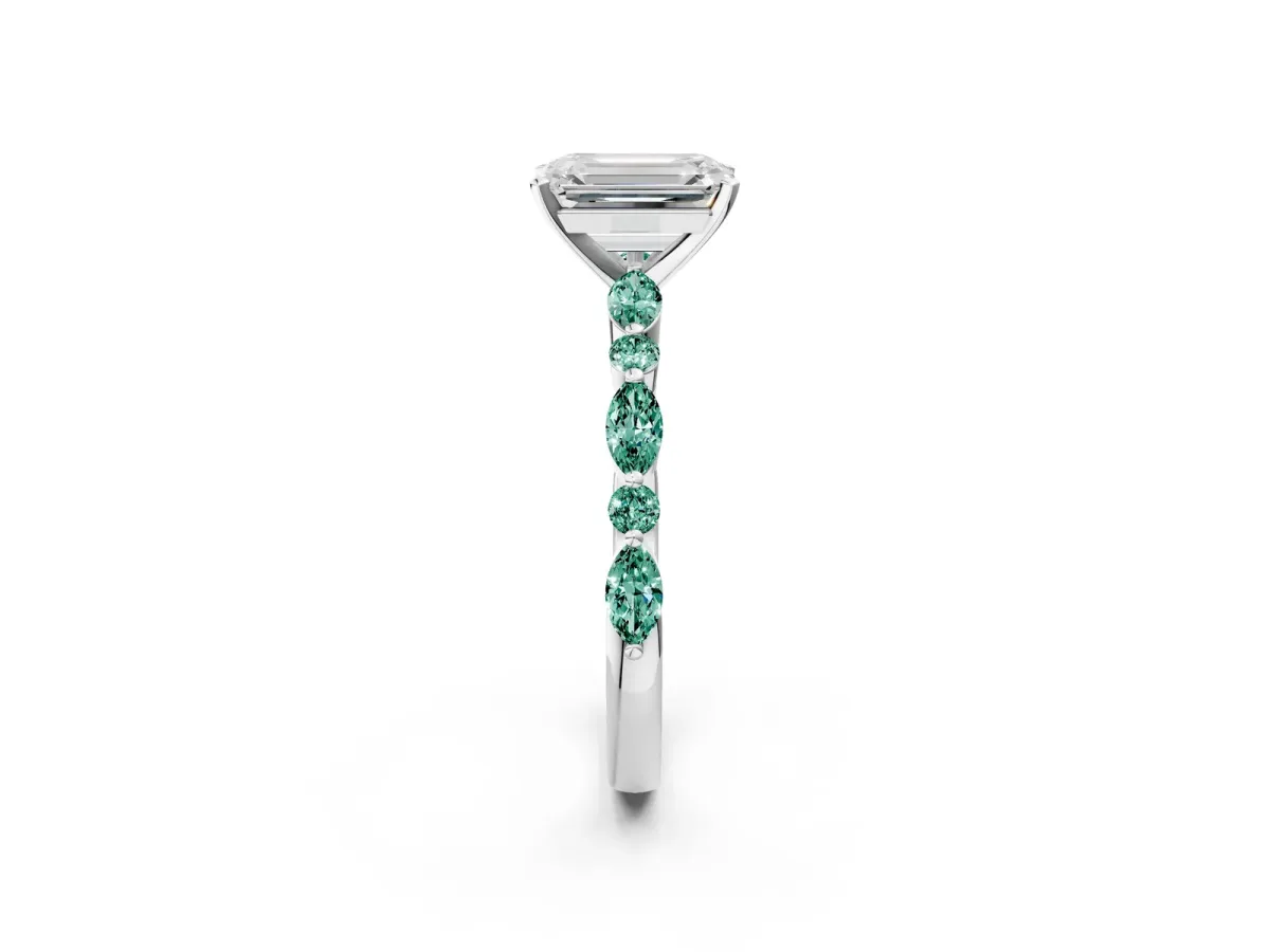 Emerald Cut Diamond Ring with Marquise and Round Green Sapphire Side Stones and Four-Prong Setting Silver