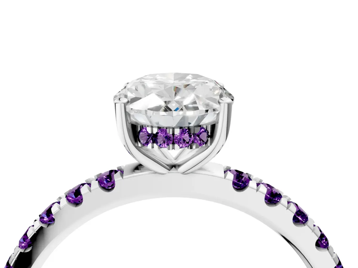 Oval Cut Diamond Pave Band Solitaire Ring with Round Amethyst and Prong Setting Platinum