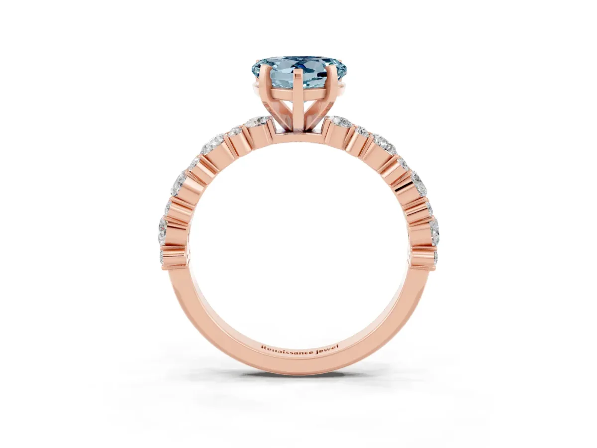Heart Cut Aquamarine Side Stone Solitaire Ring with Round and Four-Prong Setting Rose gold