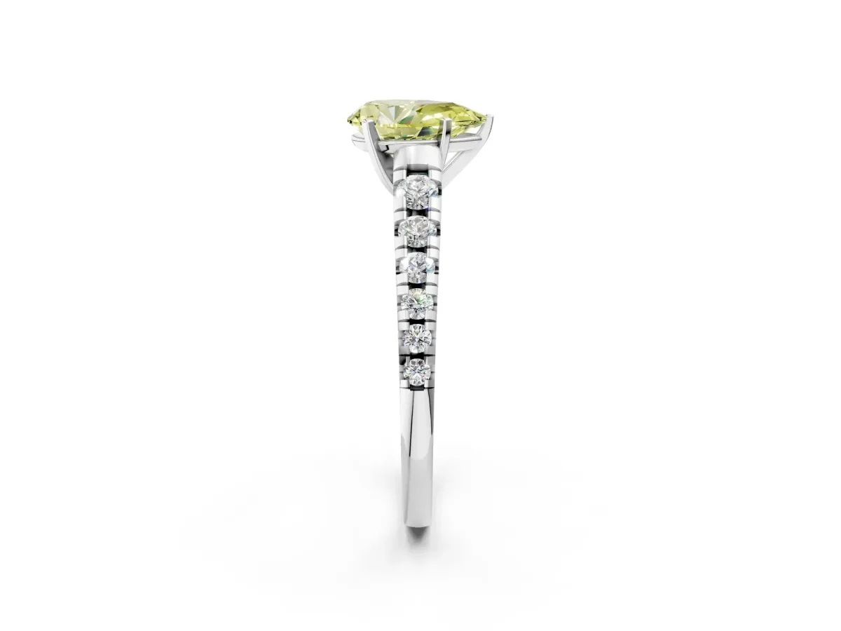 Fancy Yellow Pear Cut Diamond Cathedral Solitaire Ring with Round Pavé Band White gold