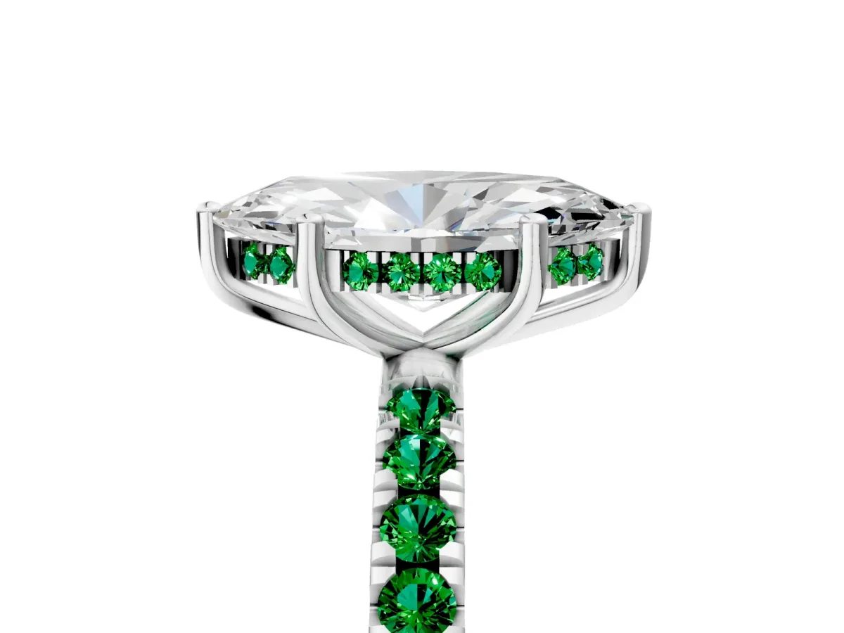 Marquise Cut Diamond Pave Band Solitaire Ring with Round Emerald and Prong Setting Platinum