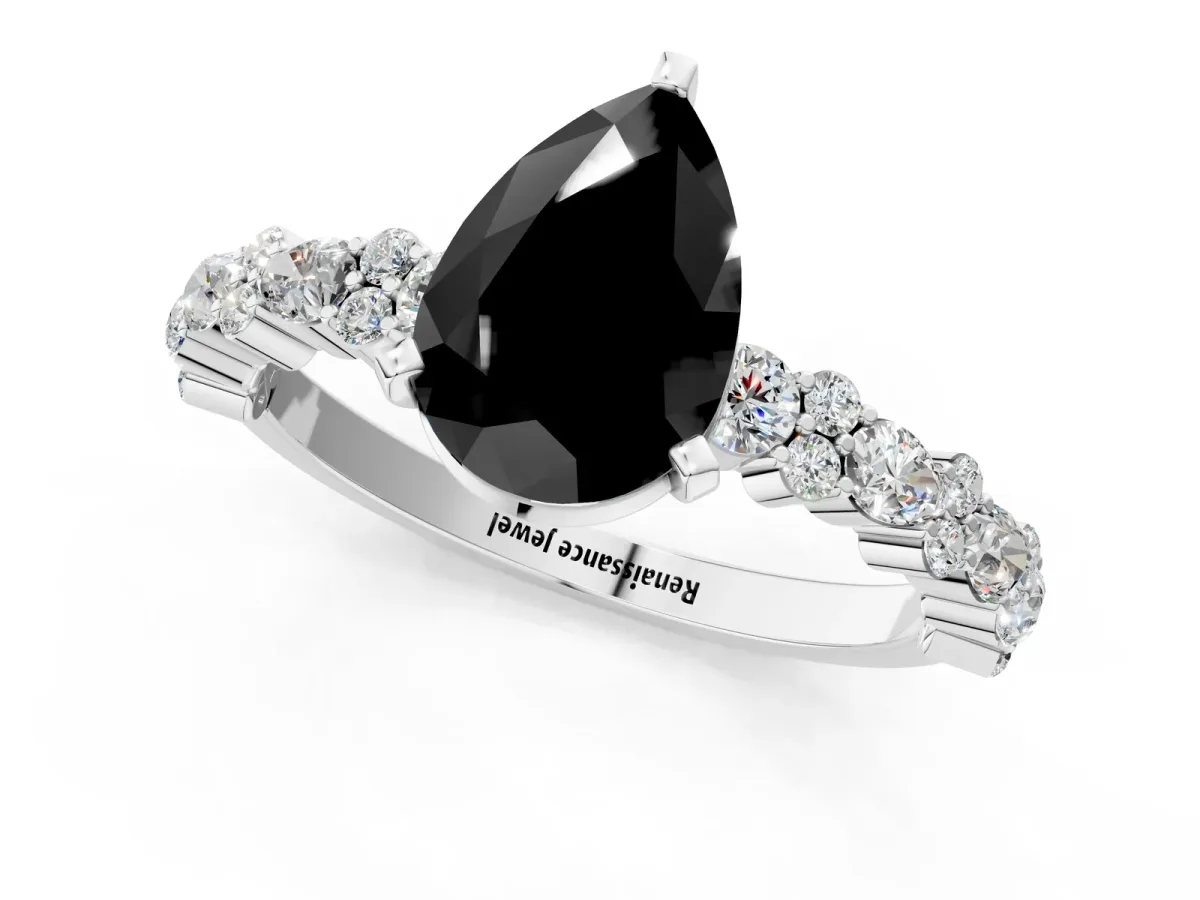 Fancy Black Pear Cut Diamond Side Stone Solitaire Ring with Round and Four-Prong Setting Platinum