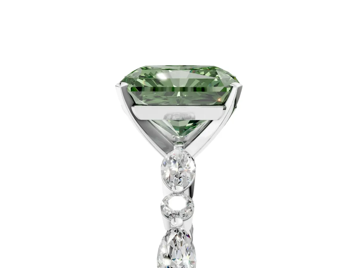 Fancy Green Radiant Cut Diamond Ring with Marquise and Round Side Stones and Four-Prong Setting Silver