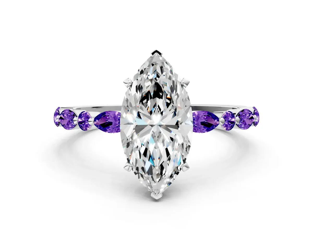 Marquise Cut Diamond Ring with Marquise and Round Tanzanite Side Stones and Four-Prong Setting White gold