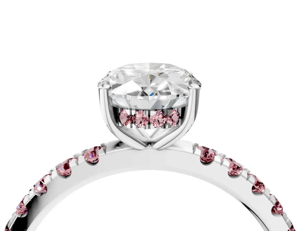 Oval Cut Diamond Pave Band Solitaire Ring with Round Morganite and Prong Setting White gold