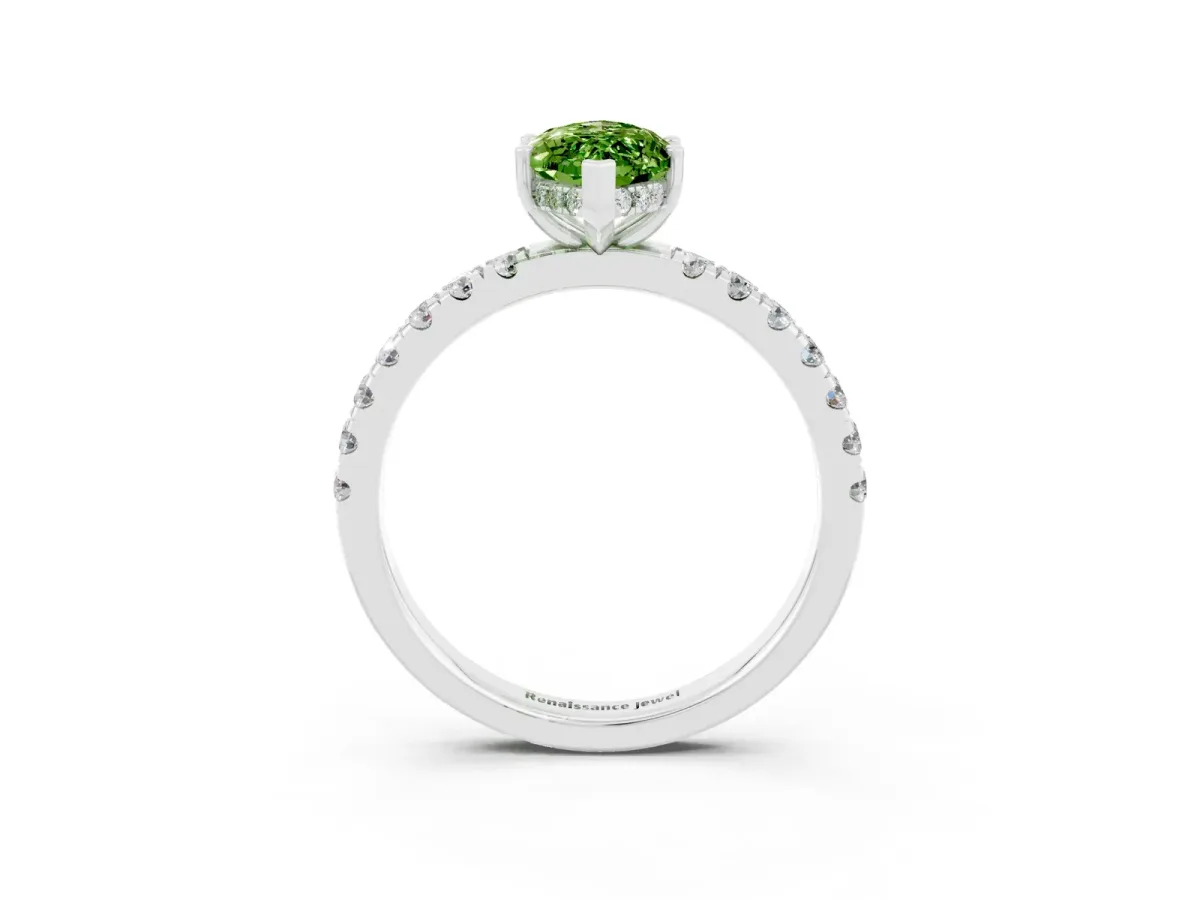 Marquise Cut Peridot Pave Band Solitaire Ring with Round and Prong Setting White gold