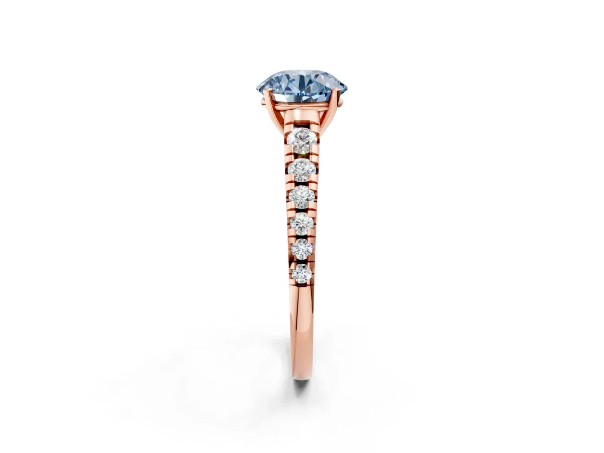 Fancy Blue Round Cut Diamond Cathedral Solitaire Ring with Round Pavé Band Rose gold