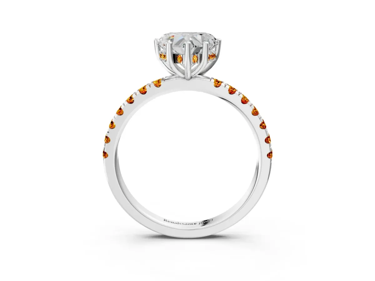 Heart Cut Diamond Pave Band Solitaire Ring with Round Citrine and Prong Setting Platinum