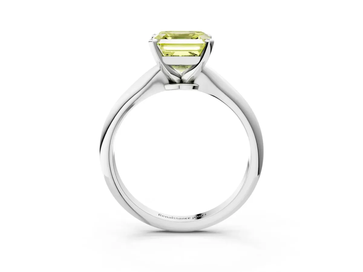 Fancy Yellow Asscher Cut Diamond Solitaire Engagement Ring with Classic Band and Four-Prong Setting Platinum
