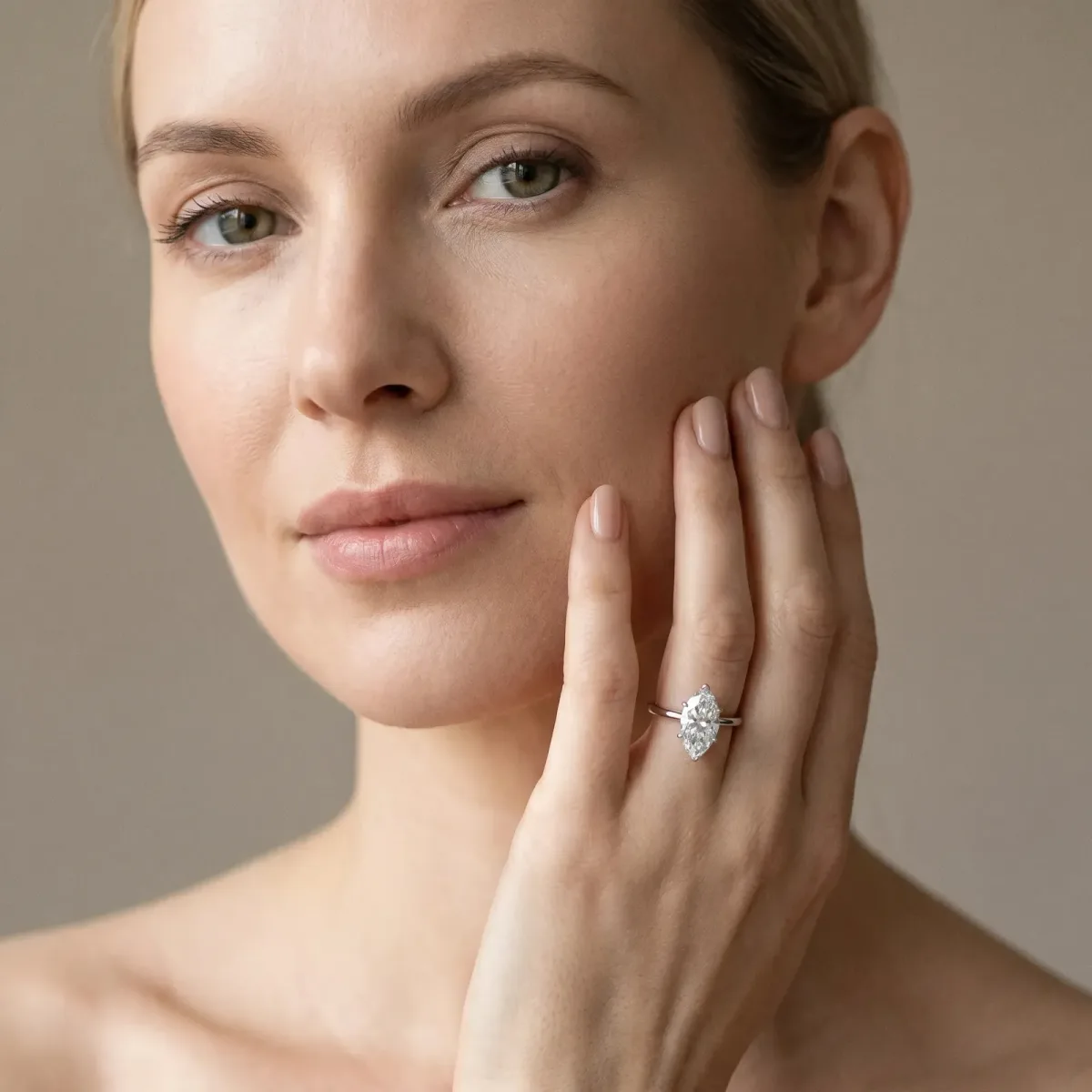 Marquise Cut Diamond Solitaire Engagement Ring with Classic Band and Four-Prong Setting Silver