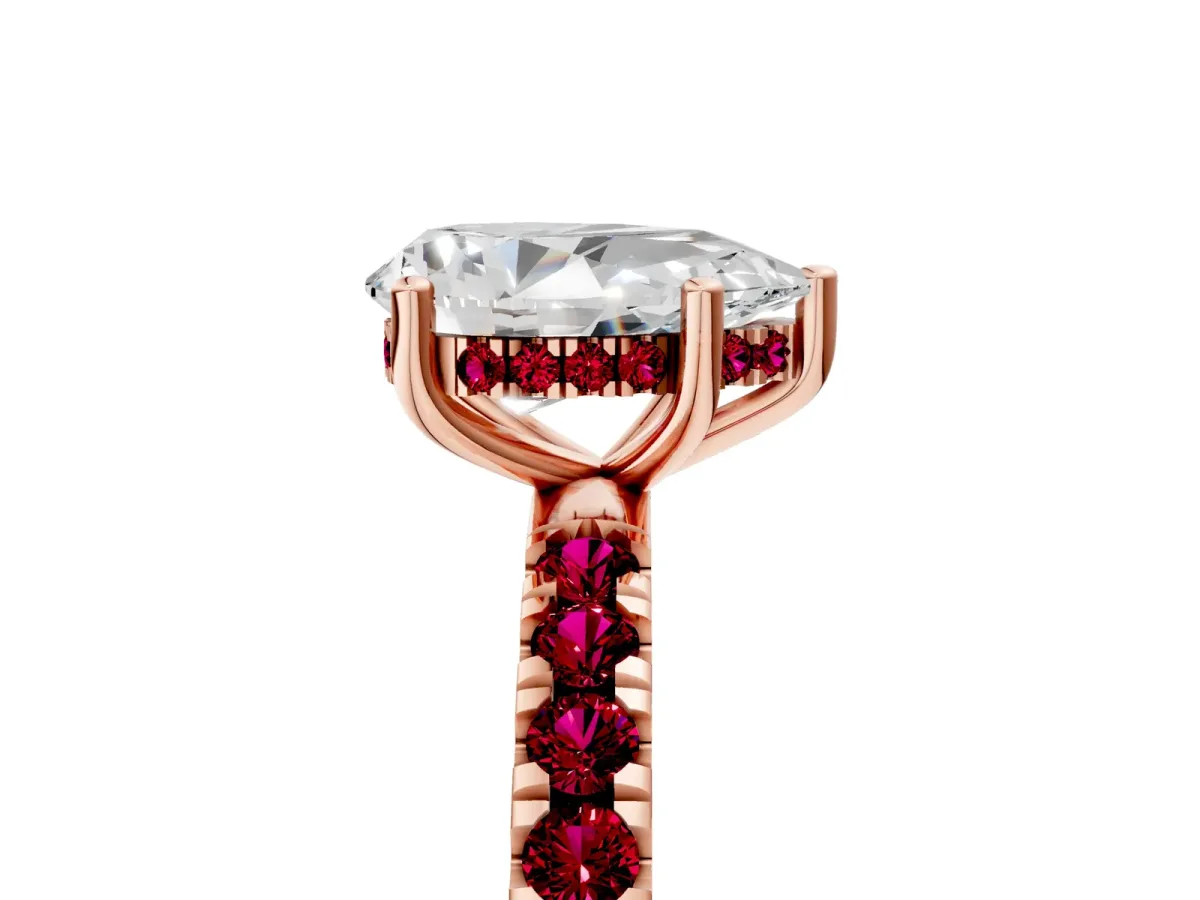 Pear Cut Diamond Pave Band Solitaire Ring with Round Garnet and Prong Setting Rose gold