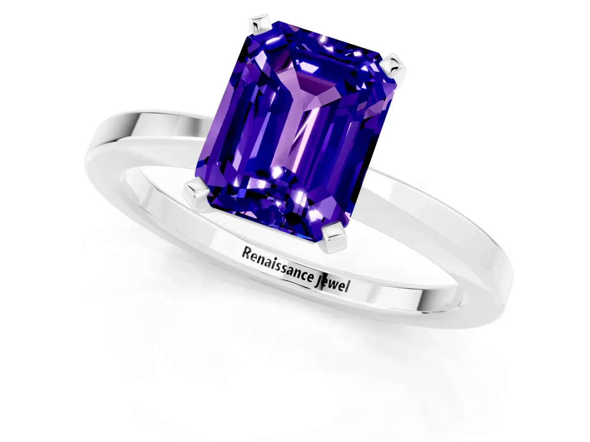 Emerald Cut Tanzanite Solitaire Engagement Ring with Classic Band and Four-Prong Setting White gold