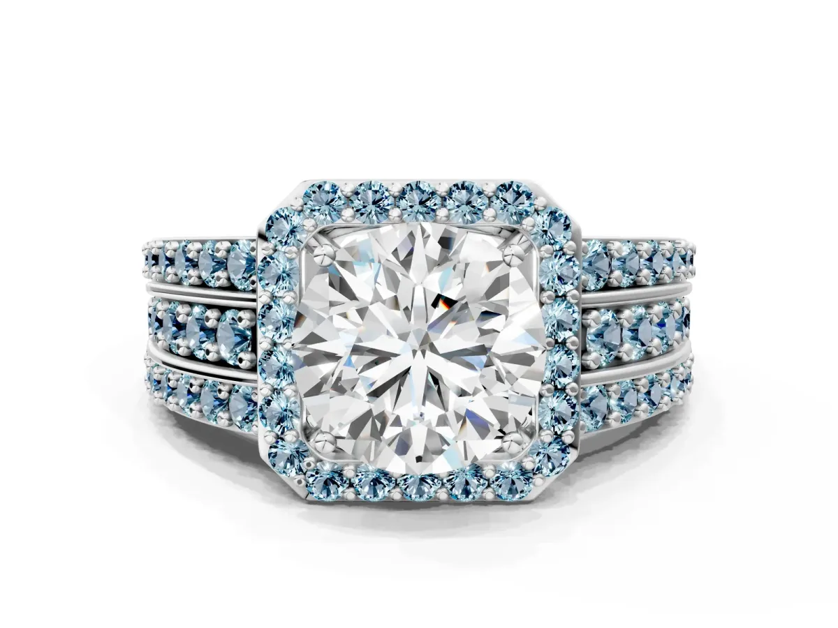 Round Cut Halo Diamond Ring with Round Aquamarine Split Shank and Prong Setting White gold