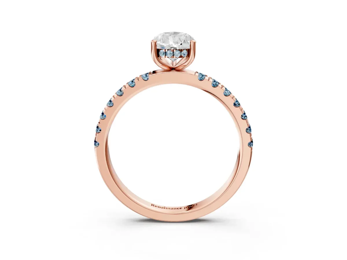 Pear Cut Diamond Pave Band Solitaire Ring with Round Aquamarine and Prong Setting Rose gold