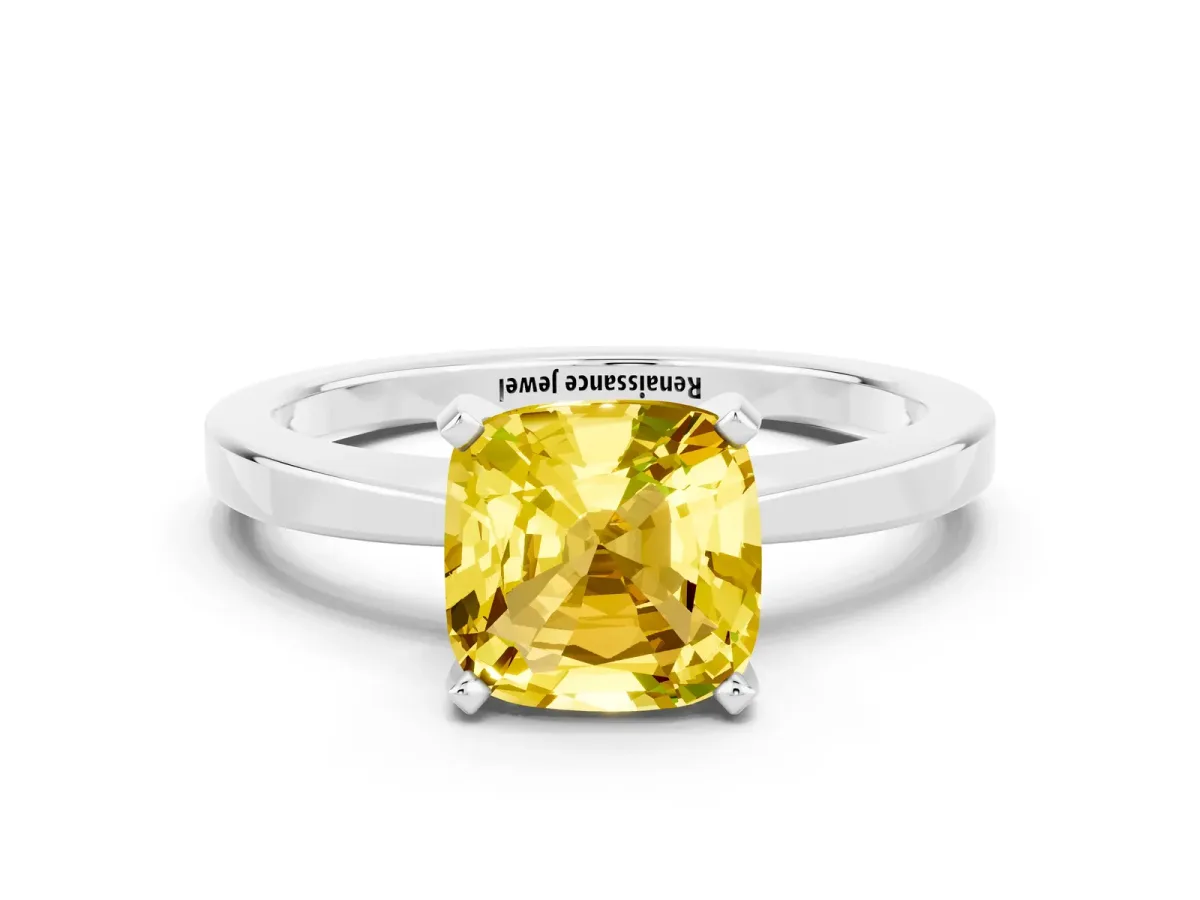 Cushion Cut Yellow Sapphire Solitaire Engagement Ring with Classic Band and Four-Prong Setting Silver