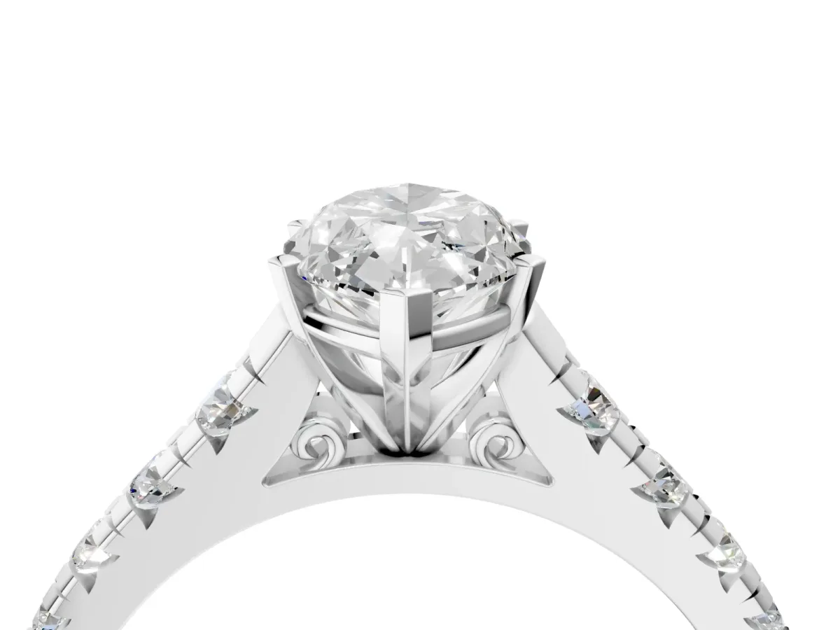 Marquise Cut Diamond Cathedral Solitaire Ring with Round Moissanite Pavé Band White gold
