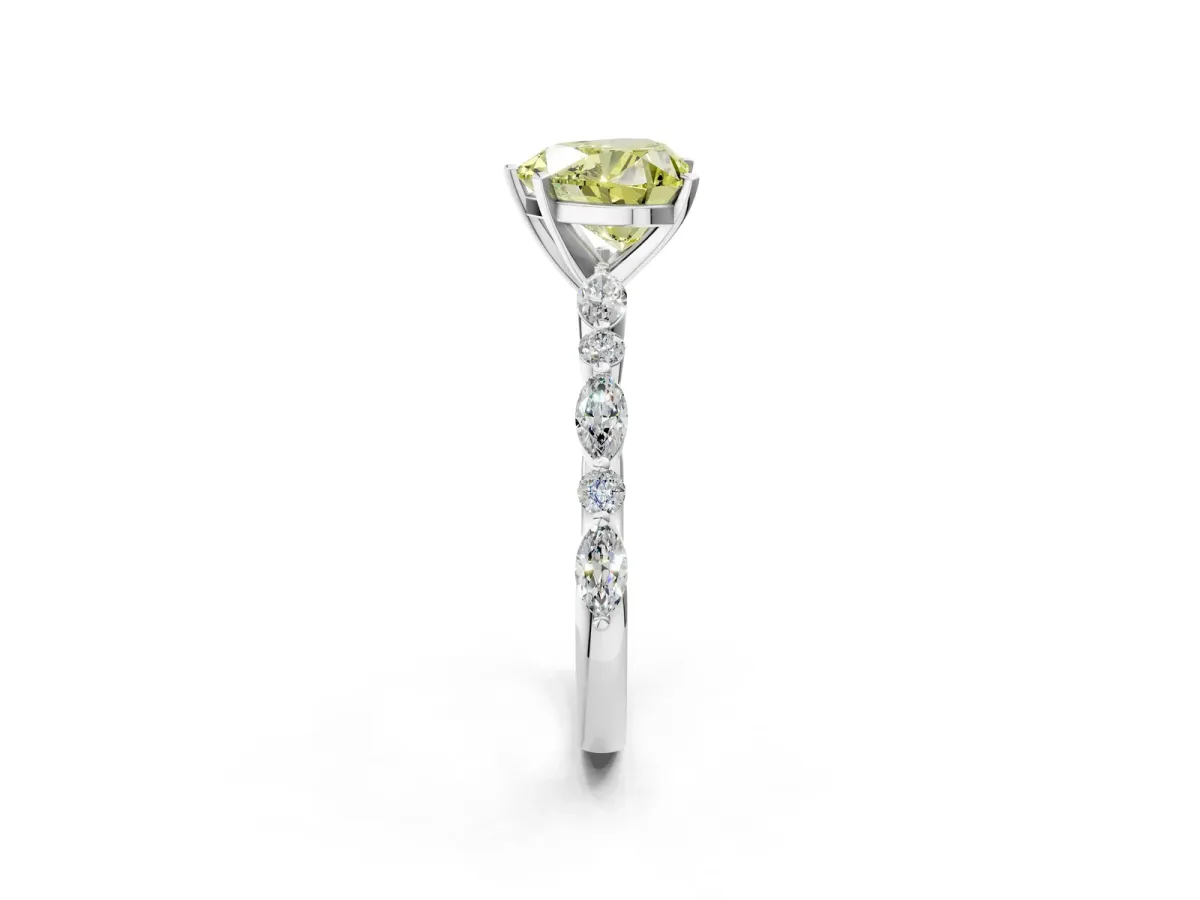 Fancy Yellow Heart Cut Diamond Ring with Marquise and Round Side Stones and Four-Prong Setting Silver