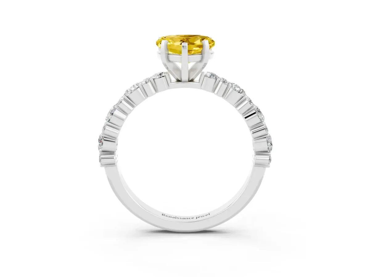 Heart Cut Yellow Sapphire Side Stone Solitaire Ring with Round and Four-Prong Setting Platinum