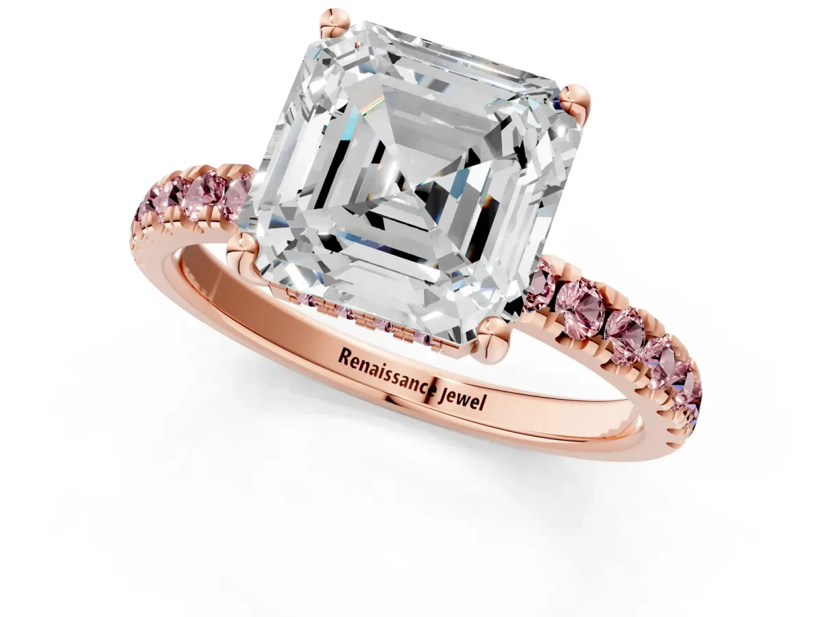 Asscher Cut Diamond Pave Band Solitaire Ring with Round Morganite and Prong Setting Rose gold