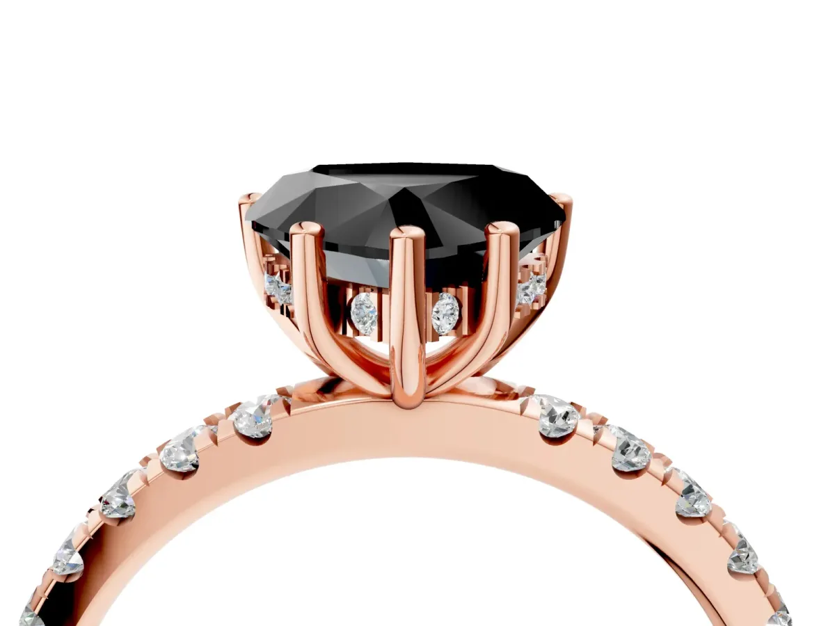 Fancy Black Heart Cut Diamond Pave Band Solitaire Ring with Round and Prong Setting Rose gold