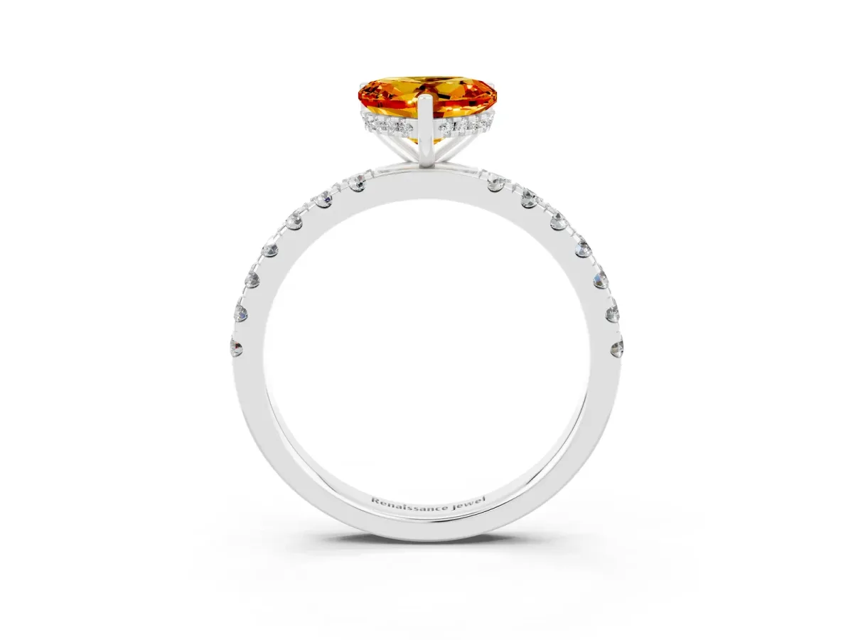Heart Cut Citrine Pave Band Solitaire Ring with Round and Prong Setting Platinum
