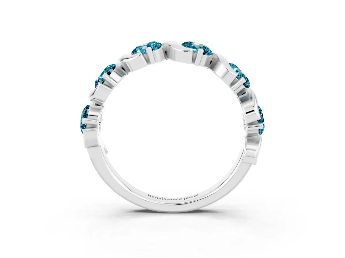 Round Blue Topaz Half Eternity Band with Wave Prong Setting White gold