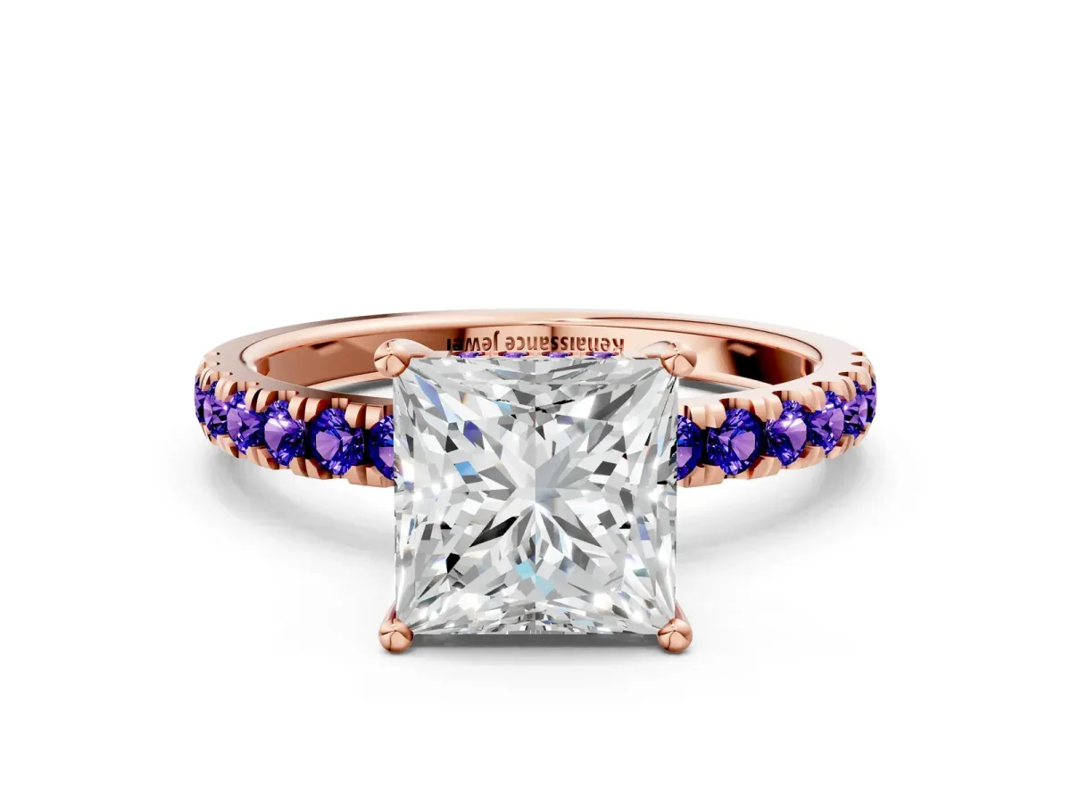 Princess Cut Diamond Pave Band Solitaire Ring with Round Tanzanite and Prong Setting Rose gold