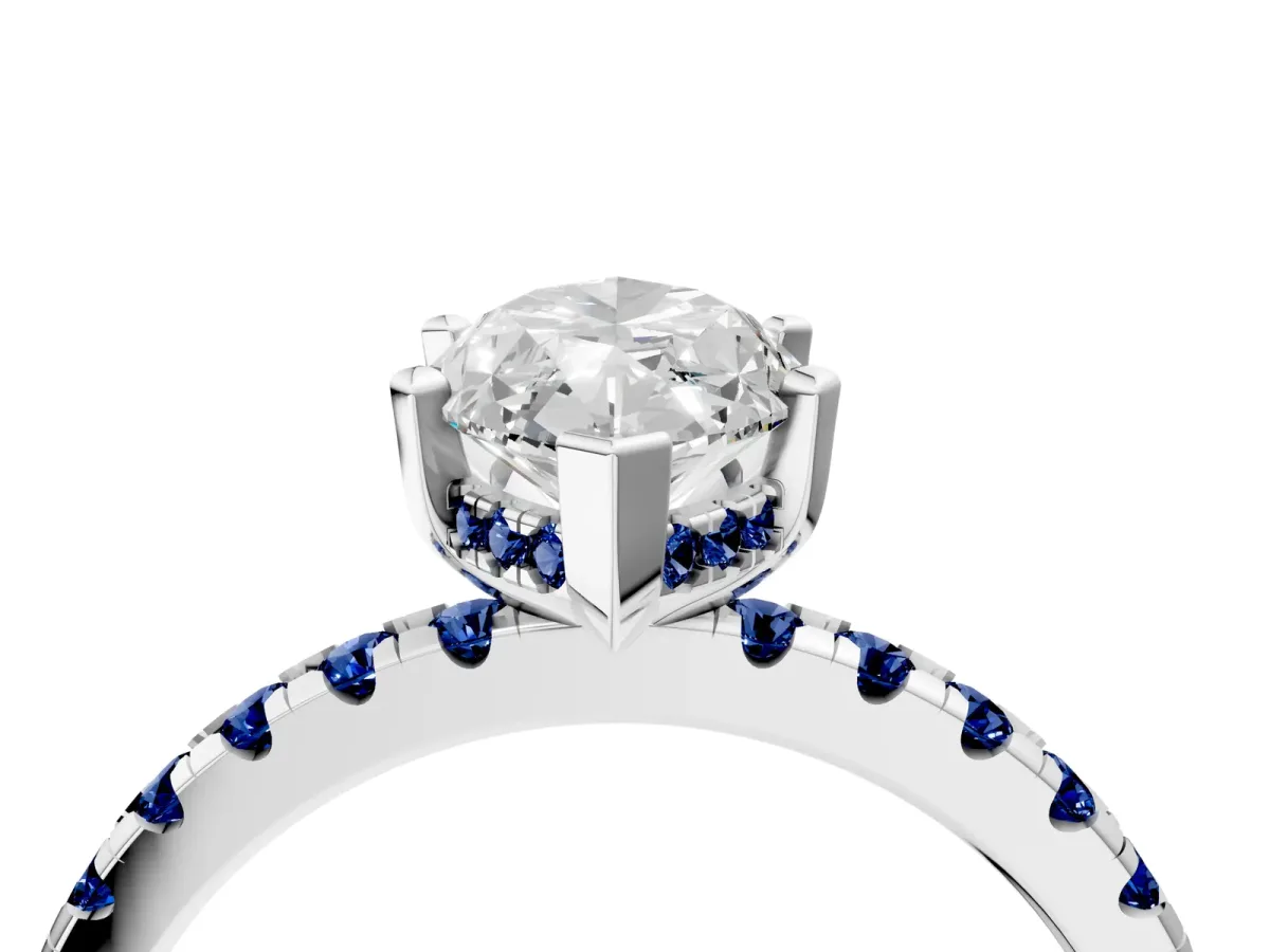 Marquise Cut Diamond Solitaire Ring with Round Blue Sapphire Pavé Band and Four-Prong Setting Silver