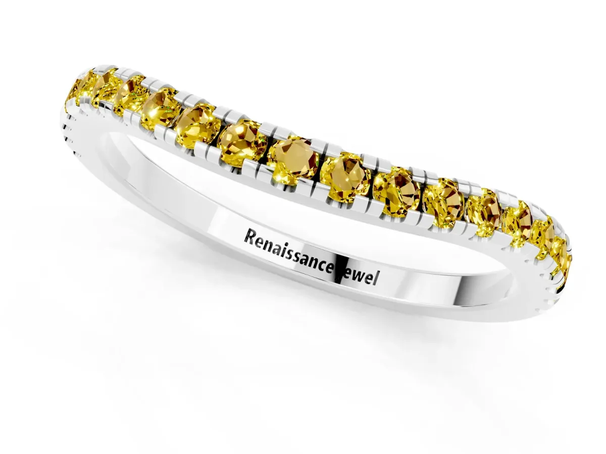 Round Yellow Sapphire Pavé Half Eternity Band with Shared Prong Setting White gold