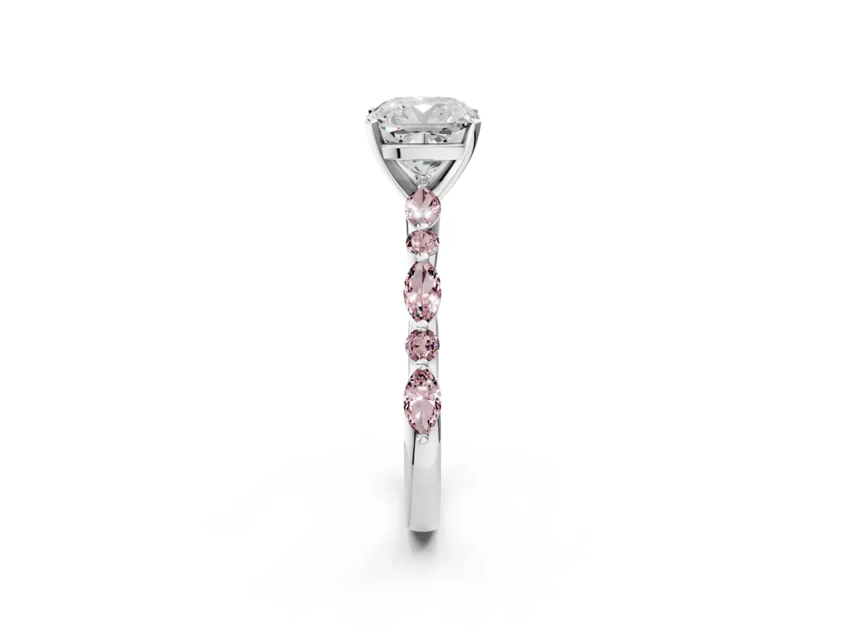 Cushion Cut Diamond Ring with Marquise and Round Morganite Side Stones and Four-Prong Setting Silver