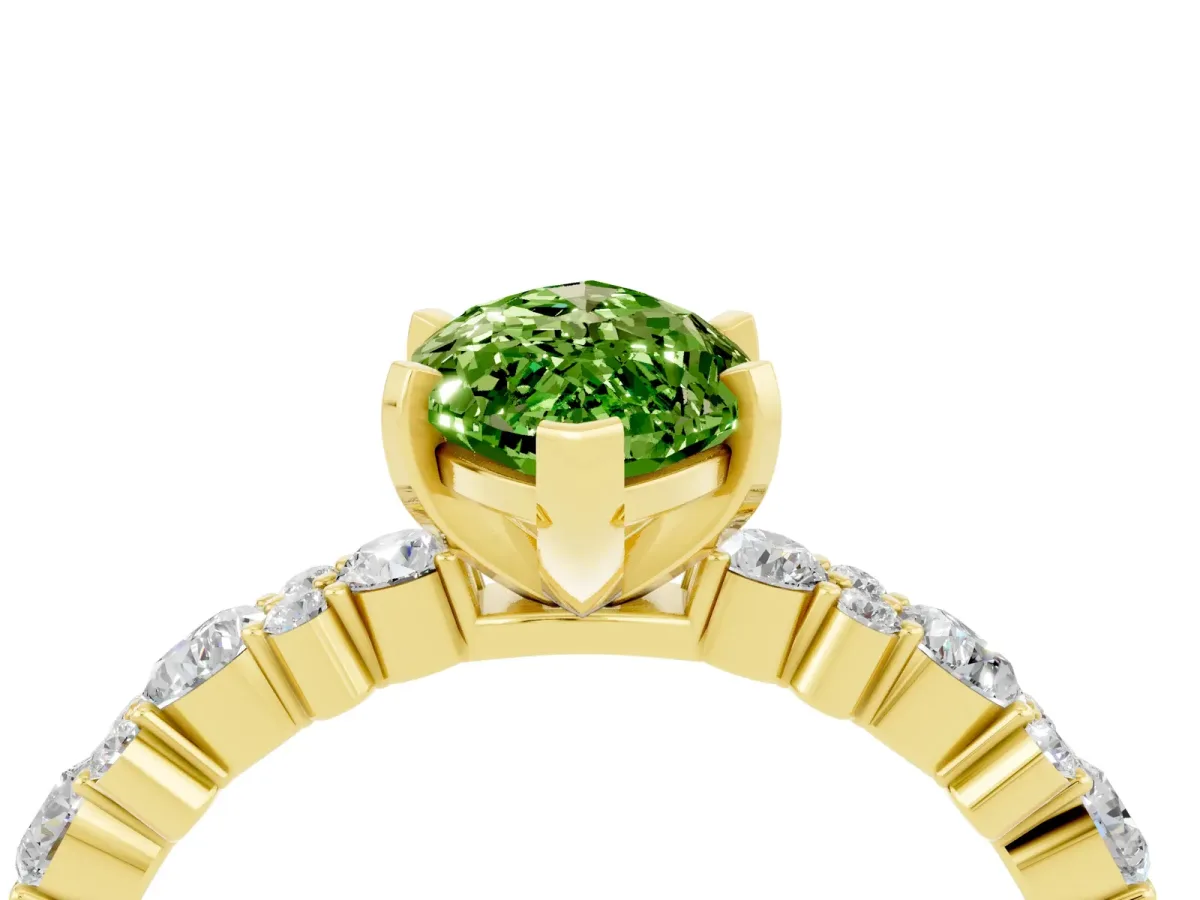 Marquise Cut Peridot Side Stone Solitaire Ring with Round and Four-Prong Setting Yellow gold