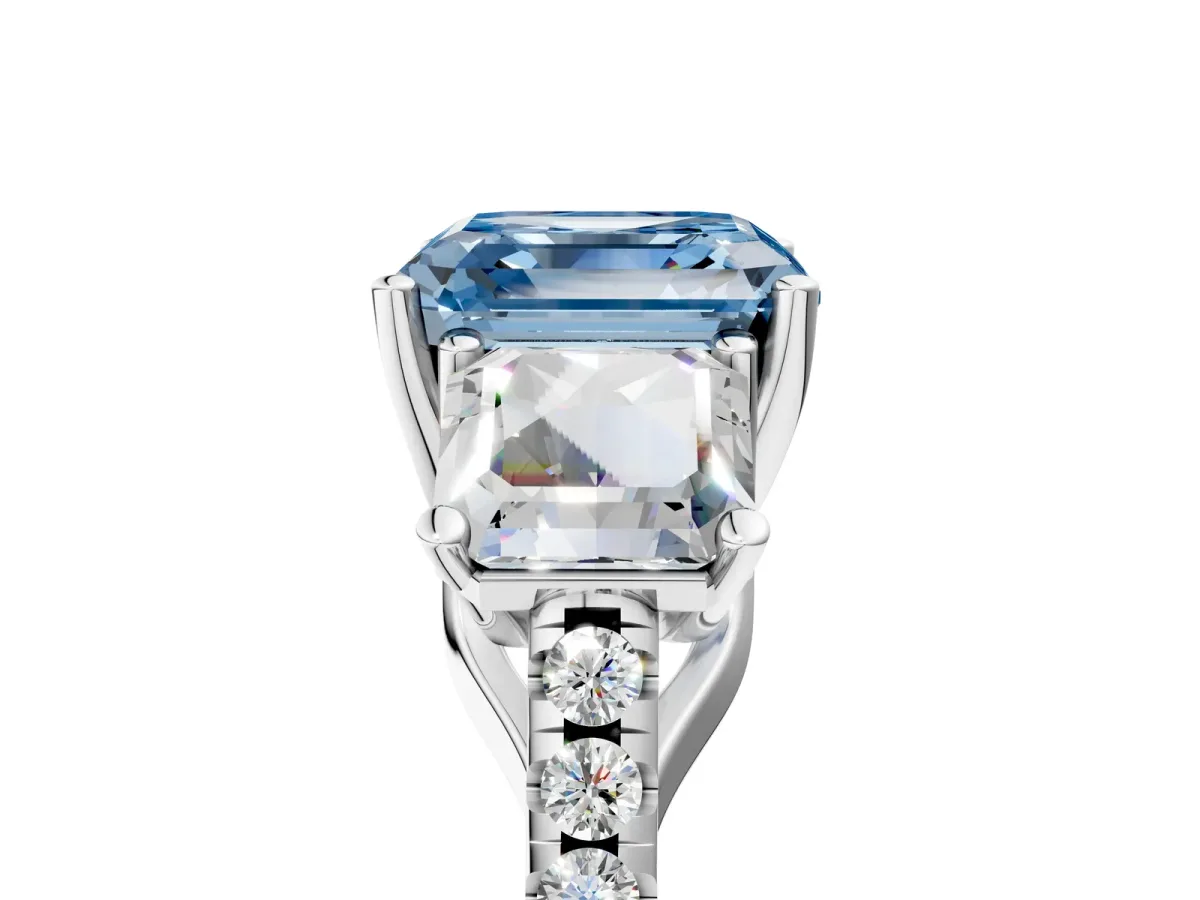 Fancy Blue Three-Stone Asscher Cut Diamond Ring with Round Pavé Band and Prong Setting White gold
